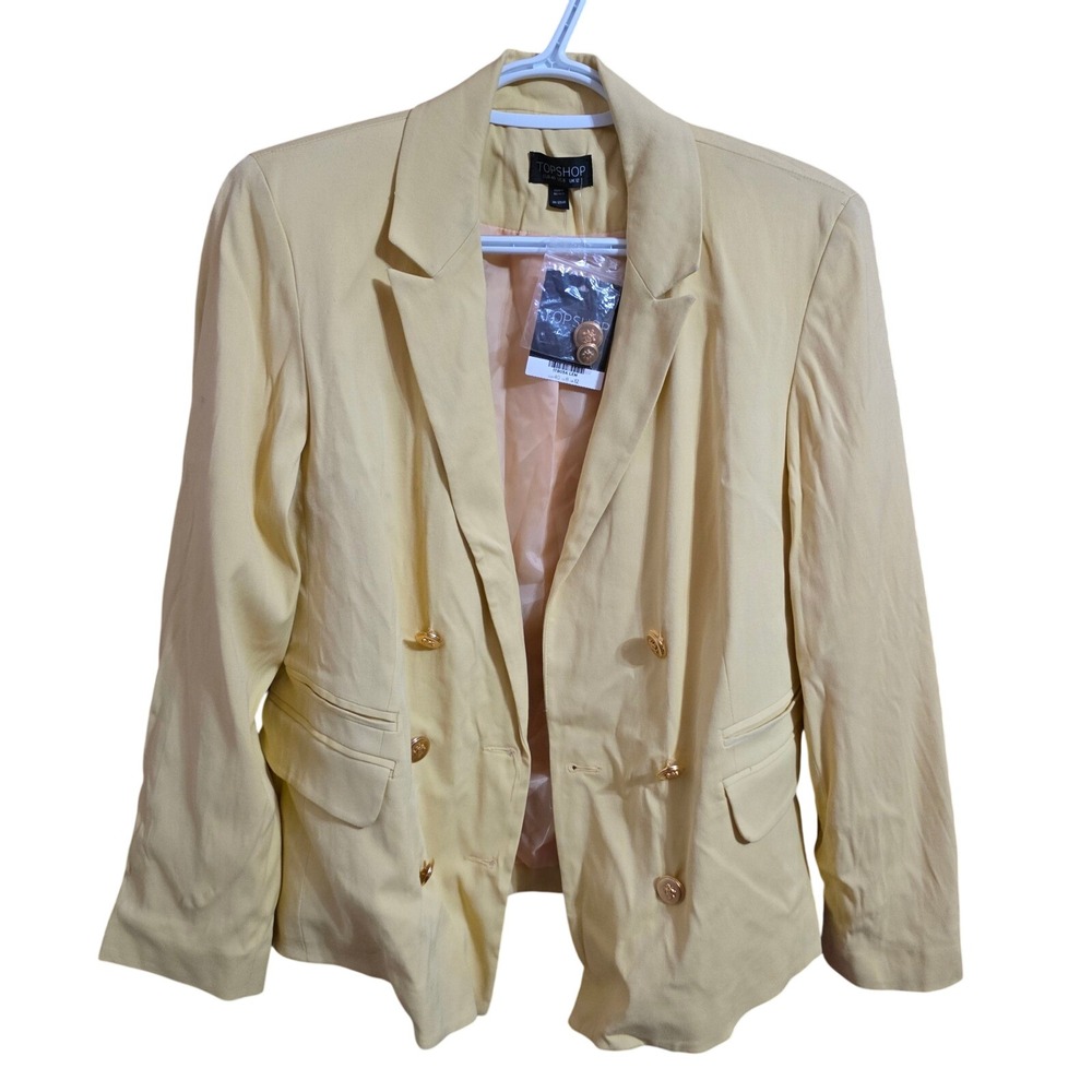 Topshop Womens Double Breasted Blazer Lemon Yellow Gold Crest Buttons Size US 8